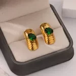 Green Zircon Rectangle Stud Earrings - Gold Color Stainless Steel for Women