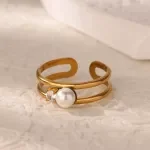 Gold Zircon Pearl Double Ring for Women – Geometric Stainless Steel Wedding & Party Jewelry