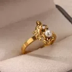 Zircon Pearl Irregular Gold Stainless Steel Geometric Ring for Women