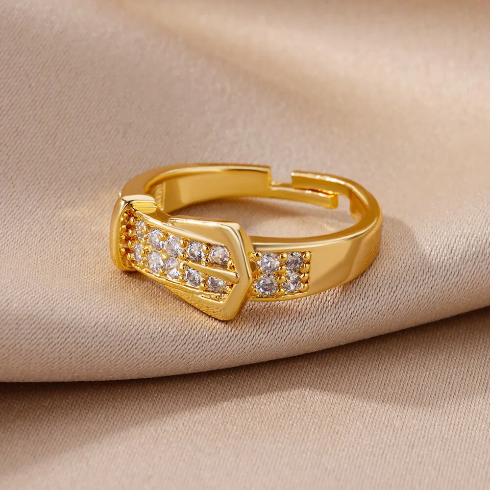 Stainless Steel Geometric Adjustable Ring with Zircon for Women