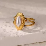 Imitation Pearl Oval Ring for Women - Gold Stainless Steel Geometric Engagement Ring