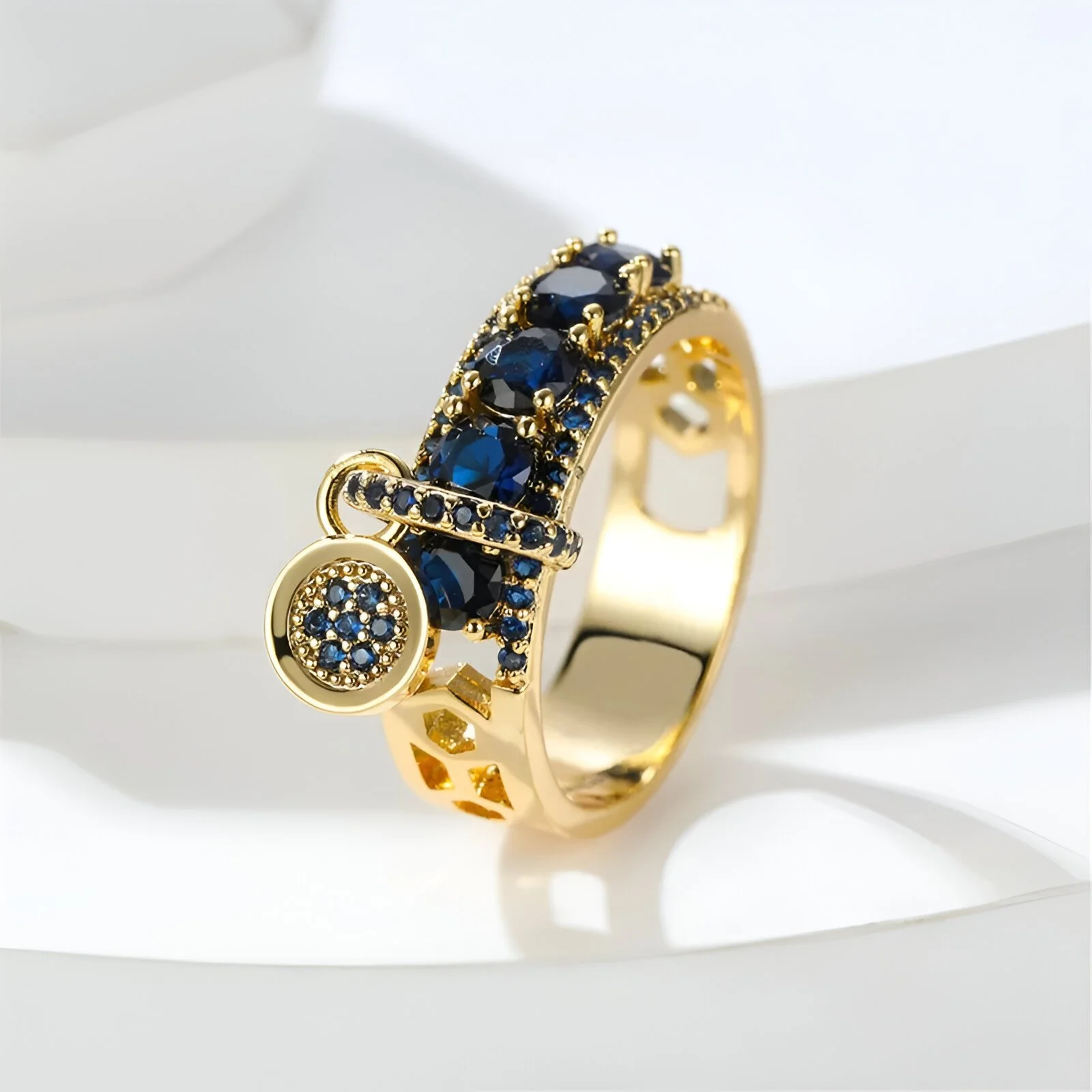 Vintage Royal Blue Sapphire CZ Gold Ring for Women