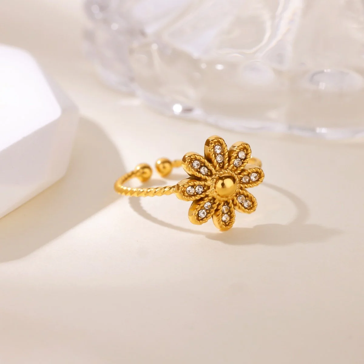 Gold Zircon Daisy Adjustable Ring for Women