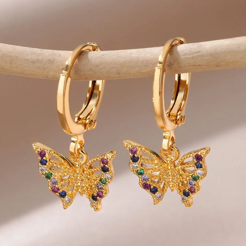 Zircon Butterfly Earrings with Gold Plating and Evil Eye Design