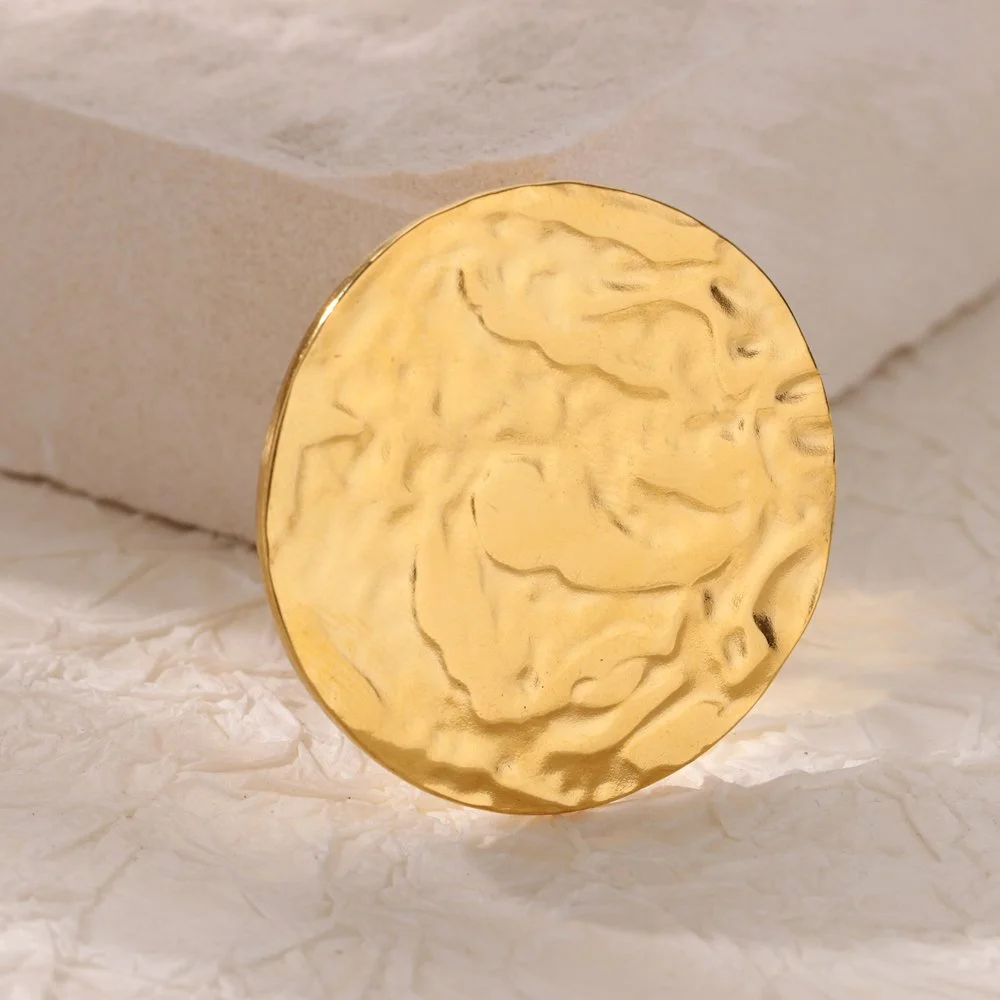 Gold Stainless Steel Round Texture Open Ring for Women - Aesthetic Wedding Band