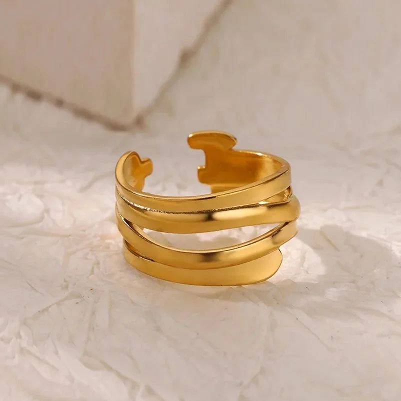 Irregular Double Layer Stainless Steel Open Ring for Women – Gold Color Wedding & Aesthetic Jewelry