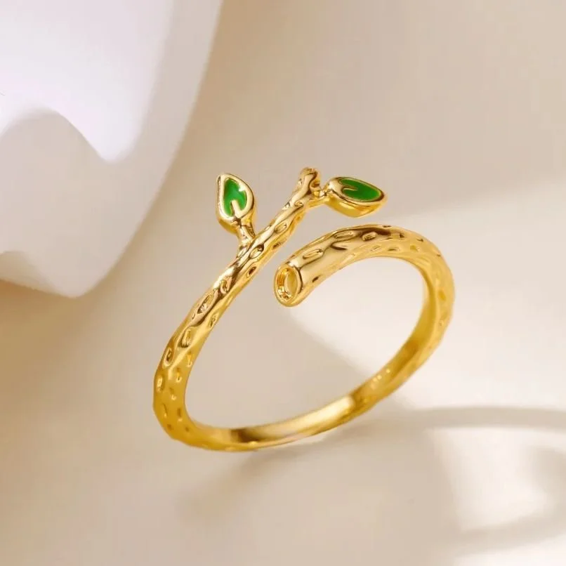 18K Gold Plated Green Leaf Adjustable Ring for Women