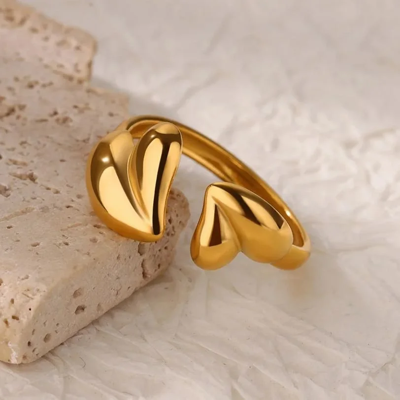 Irregular Heart Design Stainless Steel Open Ring for Women - Gold Color Wedding Aesthetic Jewelry