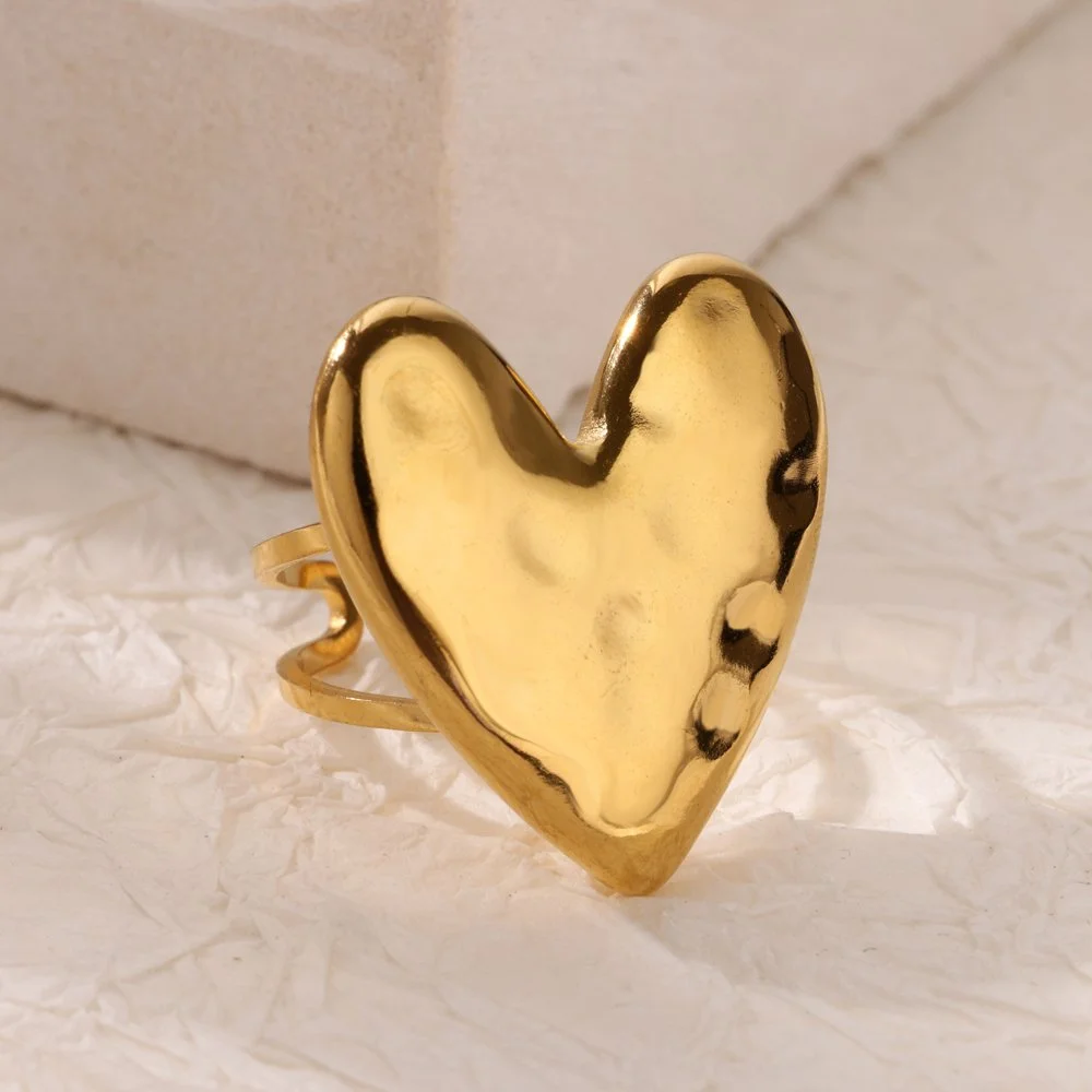Stainless Steel Heart Texture Open Ring for Women - Gold Color Wedding Ring