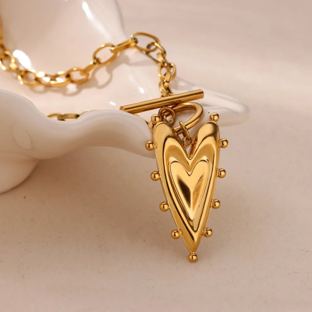 Geometric Heart Necklace for Women - Gold Stainless Steel Snake Chain Wedding Jewelry