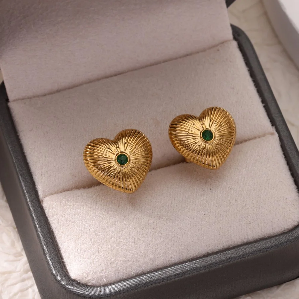 Green Zircon Heart Stripe Stud Earrings - Gold Stainless Steel for Women