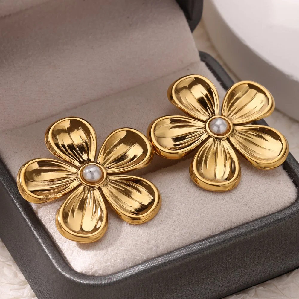 Geometric Pearl Flower Earrings for Women - Gold Stainless Steel Stud Earrings for Wedding & Party