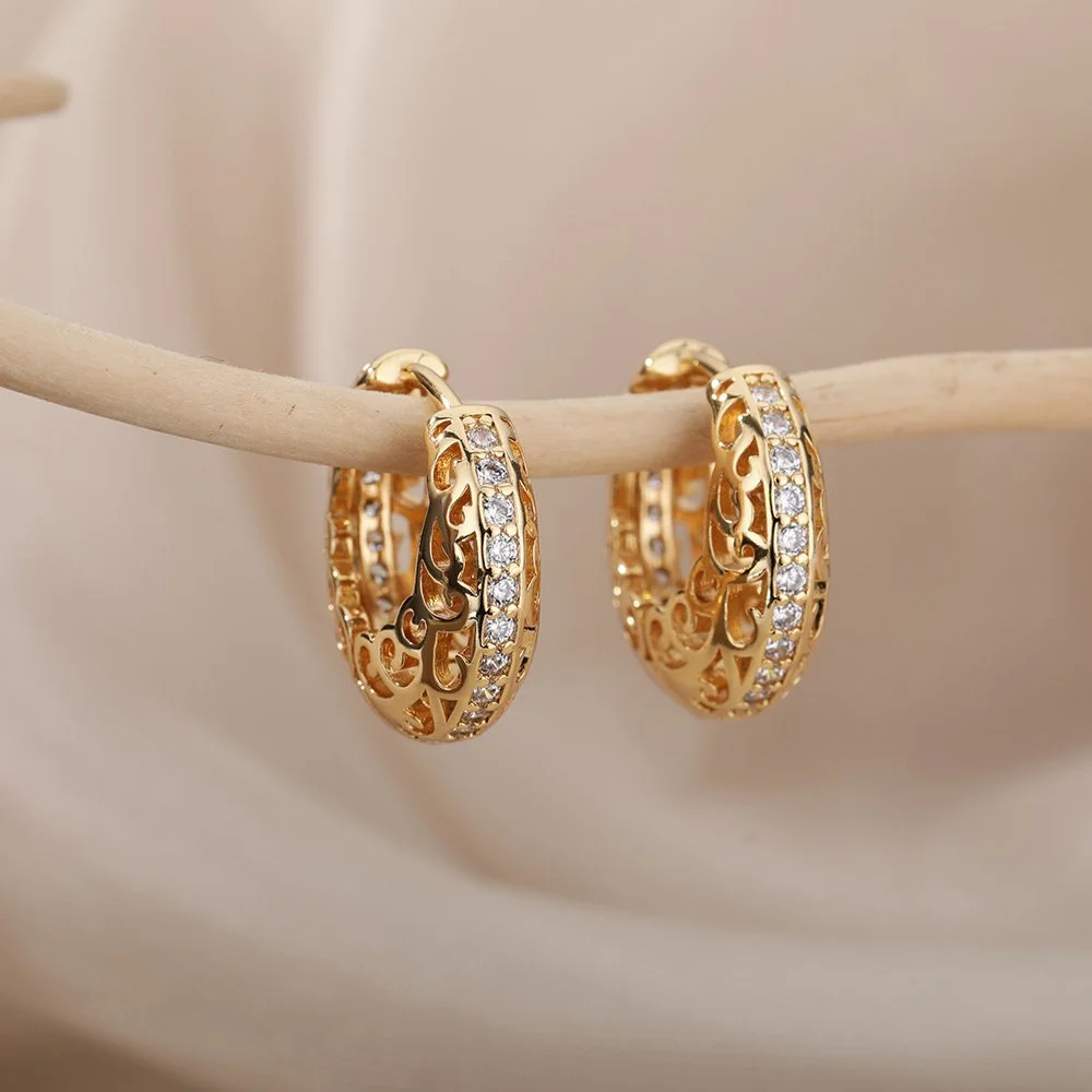 Stainless Steel Zircon Hollow Flower Hoop Stud Earrings for Women