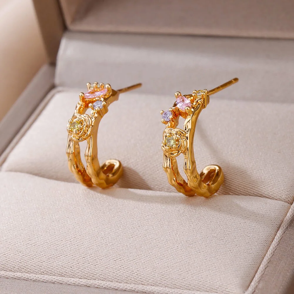 Colorful Zircon Gold Plated Stainless Steel Flower Stud Earrings