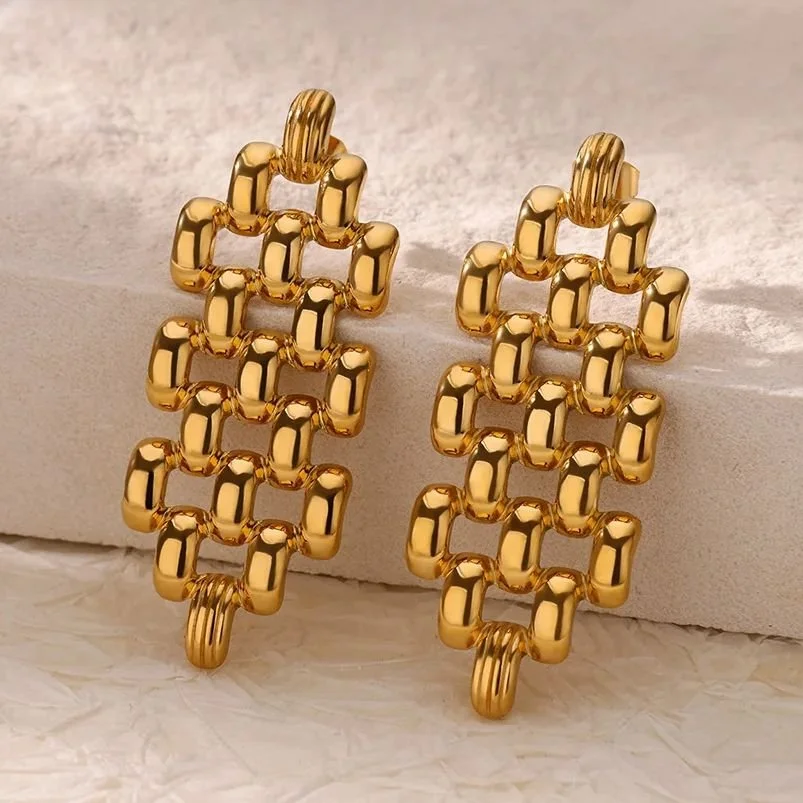 Gold Stainless Steel Hollow Bead Geometric Stud Earrings for Women