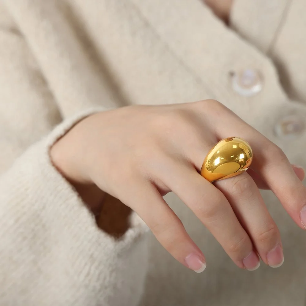 Chunky Waterproof 18K Gold Plated Stainless Steel Ring for Women
