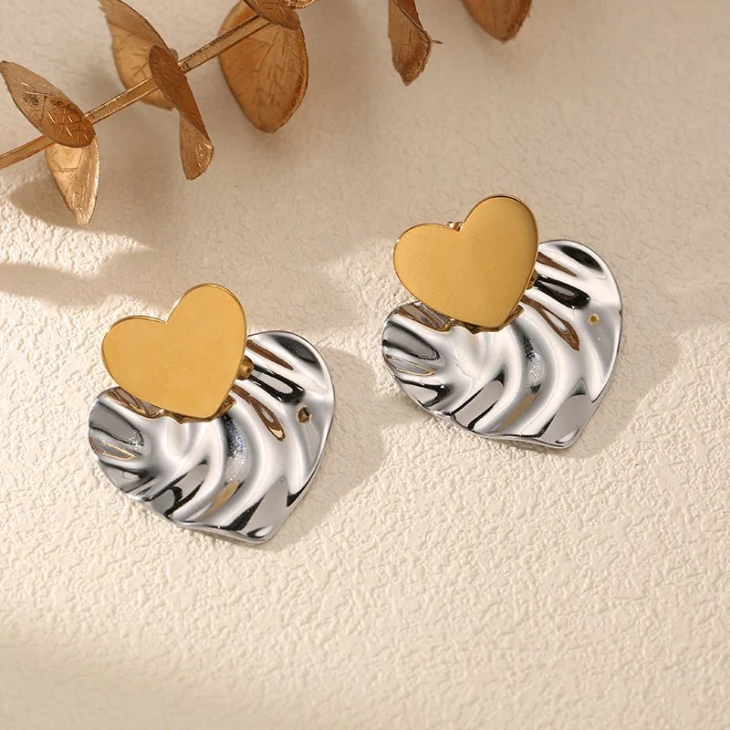 Two-Tone Heart Dangle Earrings in Polished Stainless Steel