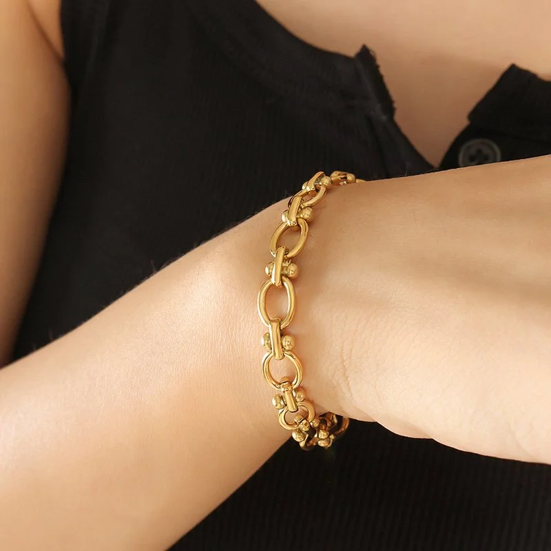 Thick Oval Chain Gold Plated Stainless Steel Bangle Bracelet for Women