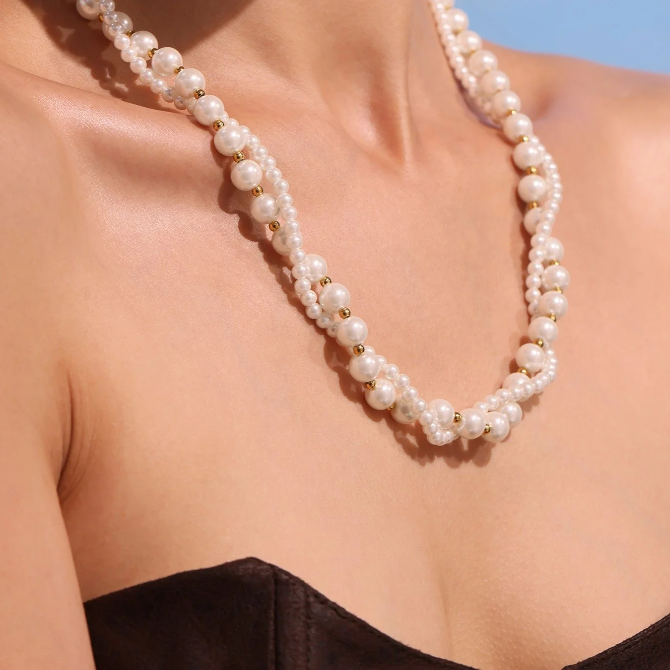 Double Layer Pearl Choker Necklace – Elegant Gold-Tone Wedding Jewelry