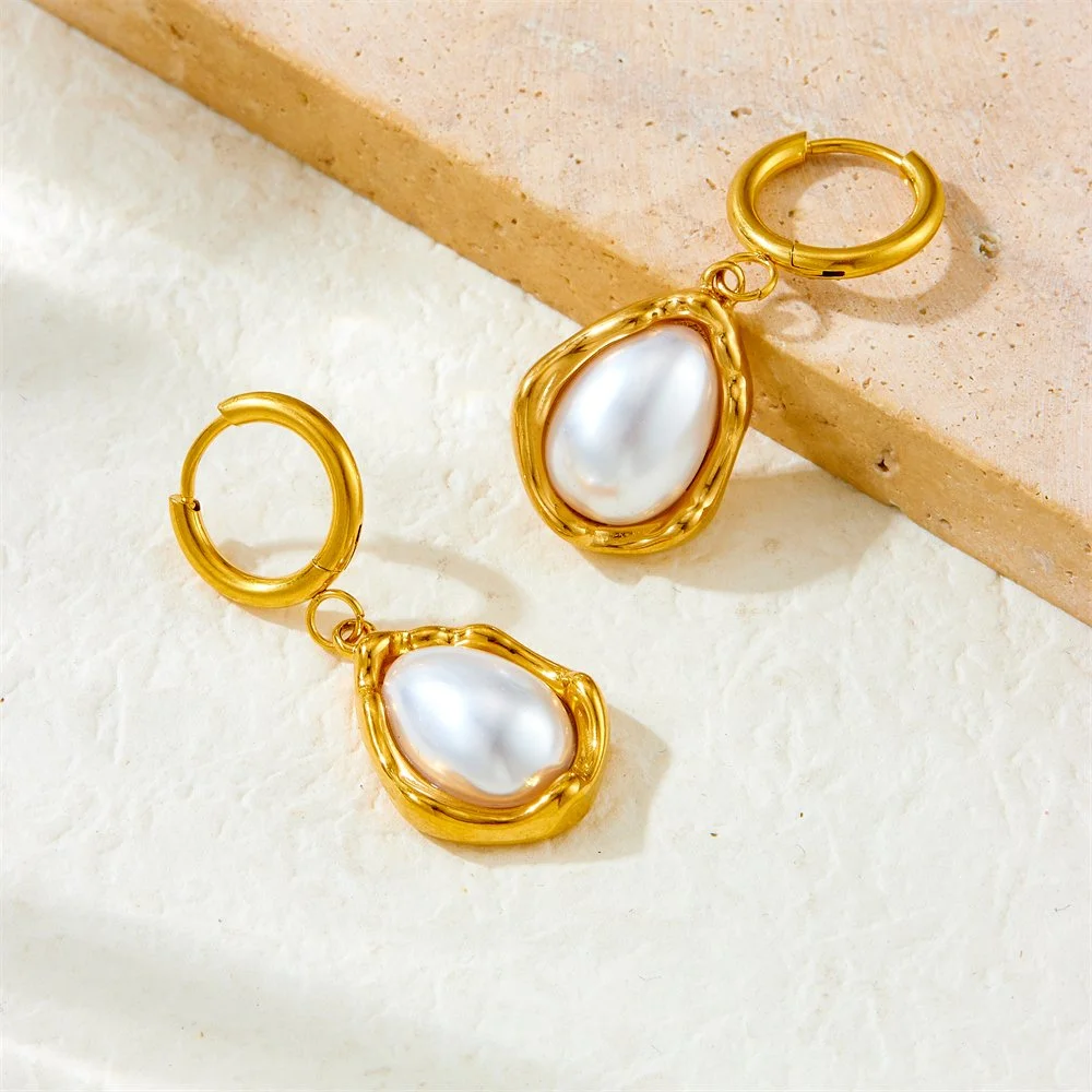 Golden Geometric Pearl Hoop Earrings – Stainless Steel Statement Jewelry