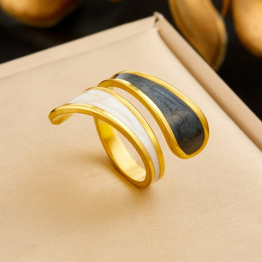 Black & White Droplet Adjustable Ring - Double Layer Stainless Steel