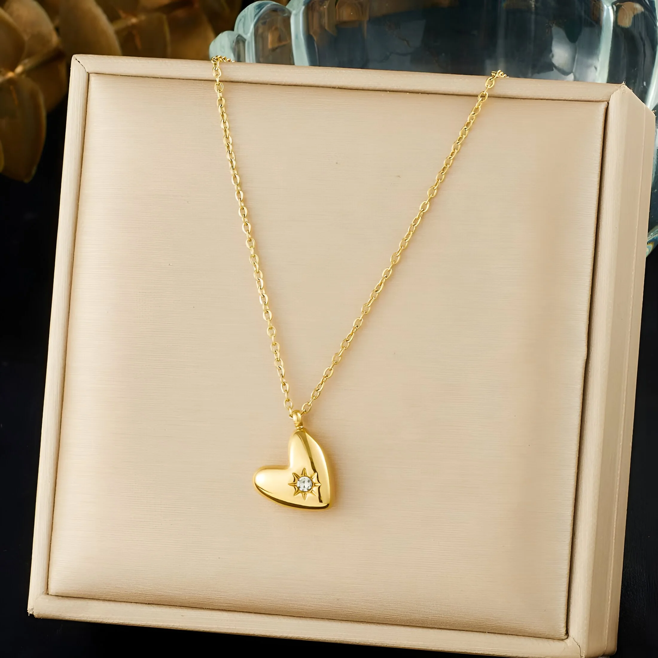 Golden Heart Zircon Pendant Necklace – Stainless Steel Love Charm