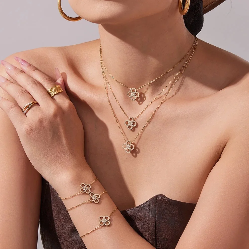 18K Gold-Plated Flower Zircon Necklace & Bracelet Jewelry Set for Women