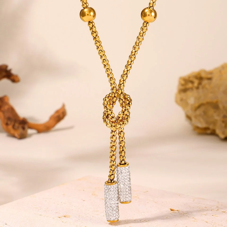 Gold Knot Tassel Rhinestone Necklace for Women – Non-Tarnish Stainless Steel
