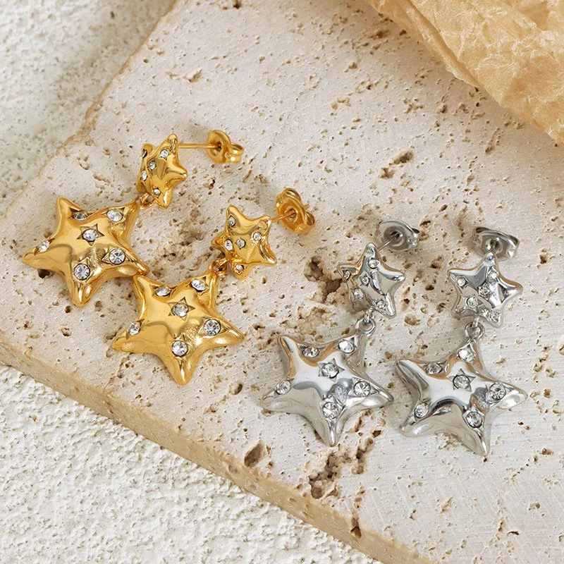 Double Layer Rhinestone Star Drop Earrings – Luxury Statement Jewelry