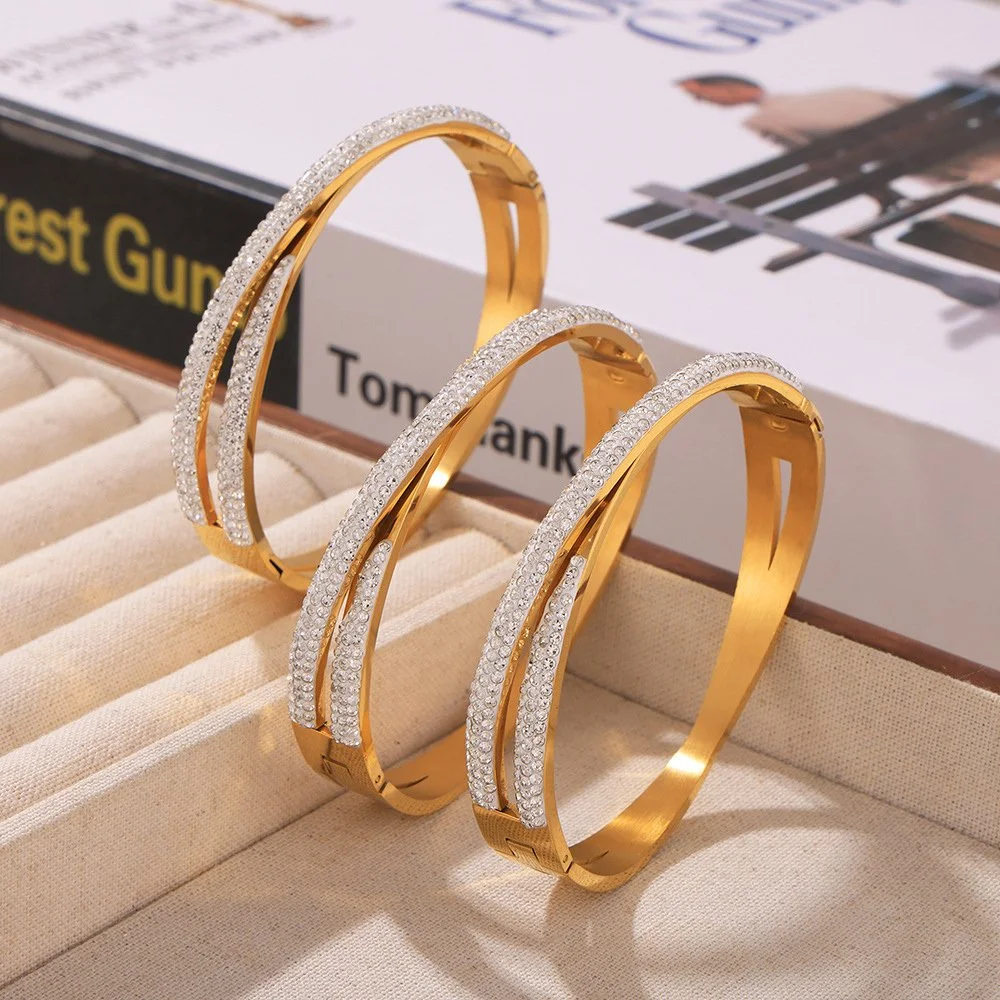 18K Gold Plated Double Layer Zircon Cross Bangle Bracelet for Women