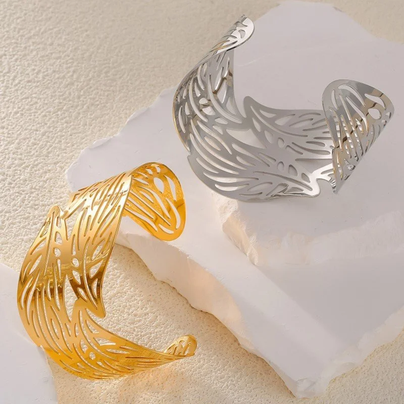 Hollow Leaf Stainless Steel Cuff Bracelet – Gold & Silver Statement Bangle