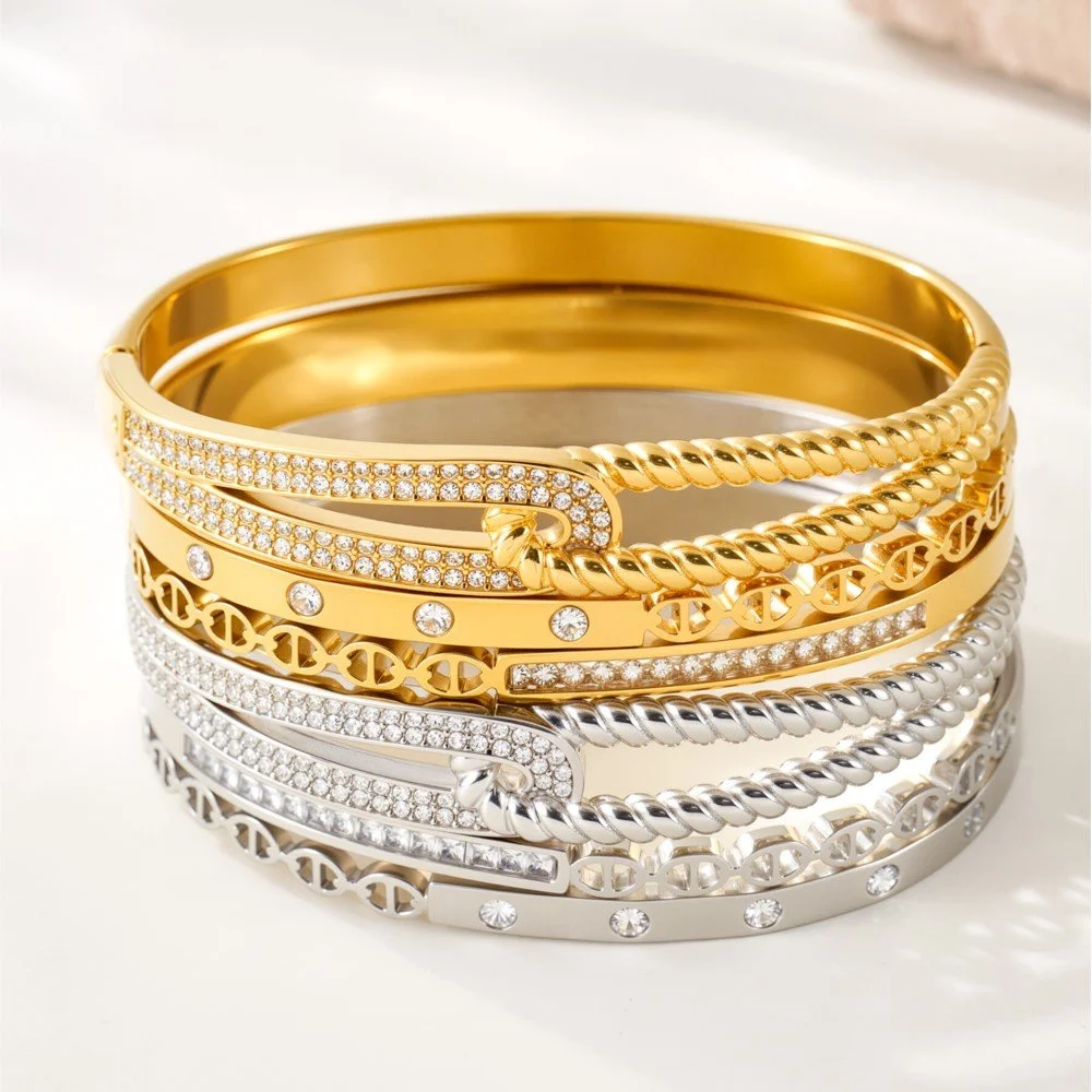18K Gold Plated Stainless Steel Zircon Bangle Bracelet for Women