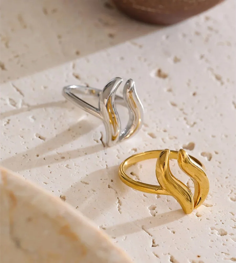 Minimalist Geometric Wave Open Adjustable Ring in Gold & Platinum Finish