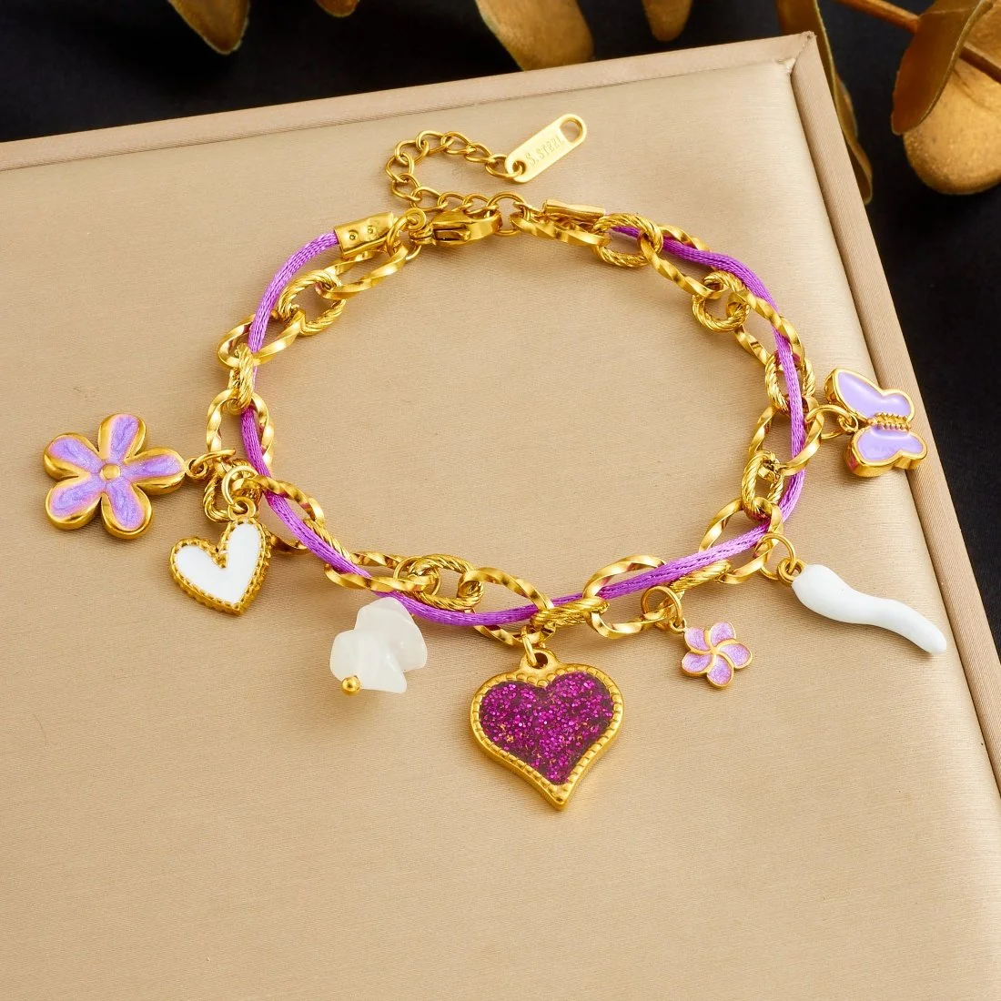 Stainless Steel Heart & Butterfly Charm Bracelet with Pink Sparkle Accents