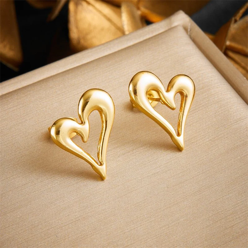 Golden Hollow Heart Stud Earrings in 316L Stainless Steel