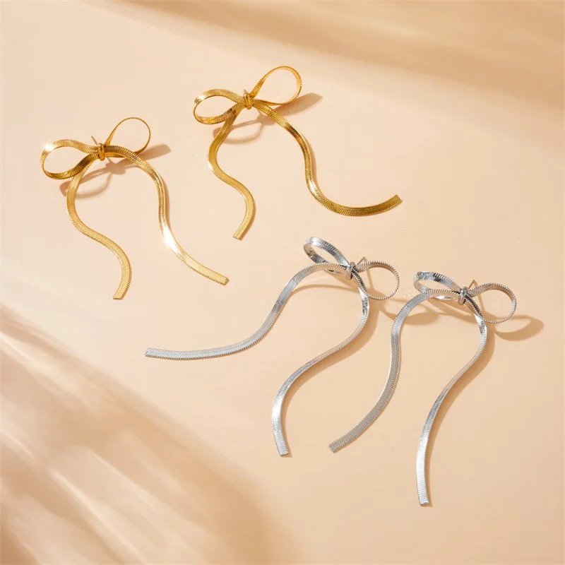 Golden Bowknot Snake Chain Hoop Earrings for Women