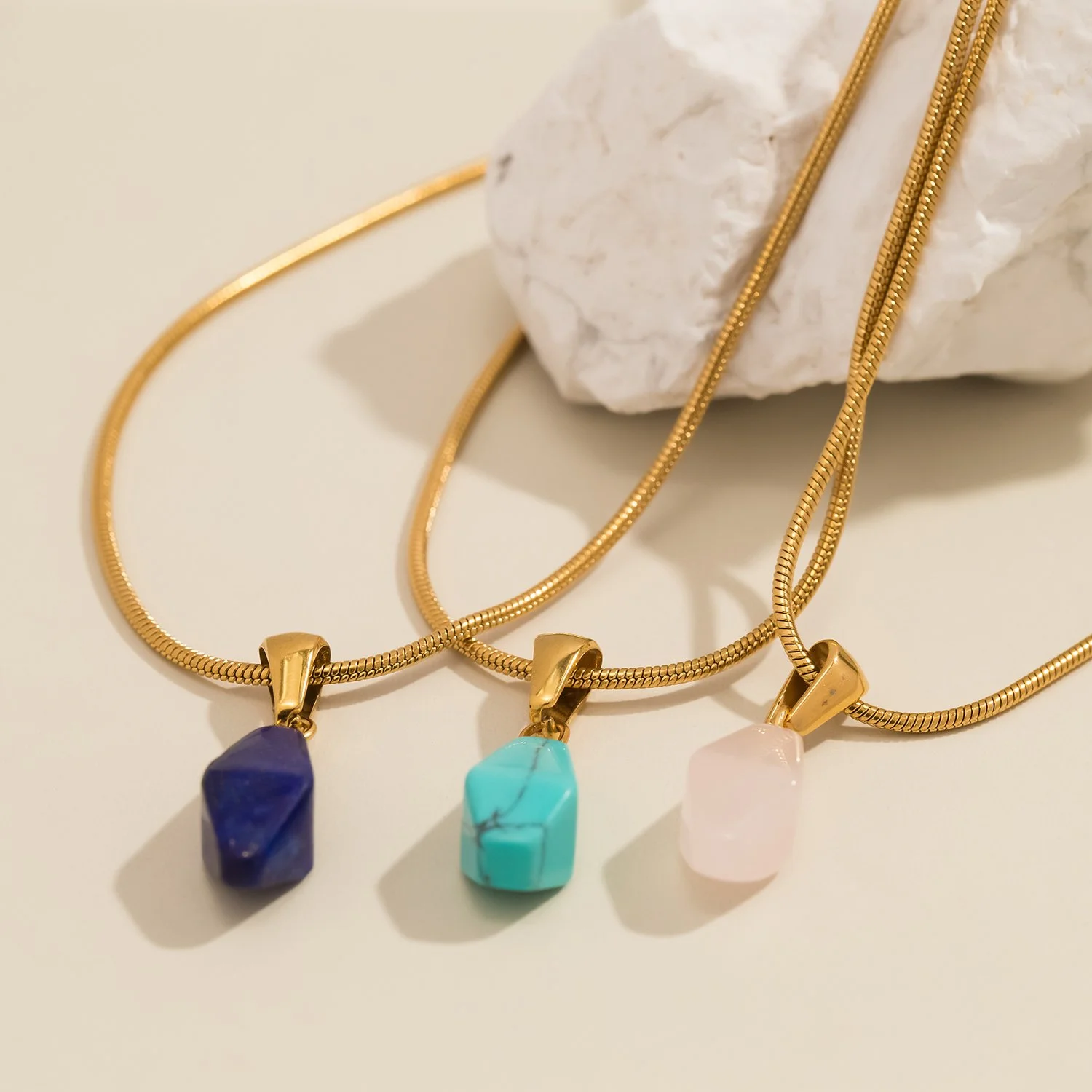 Geometric Natural Stone Pendant Necklace with Gold-Plated Snake Chain