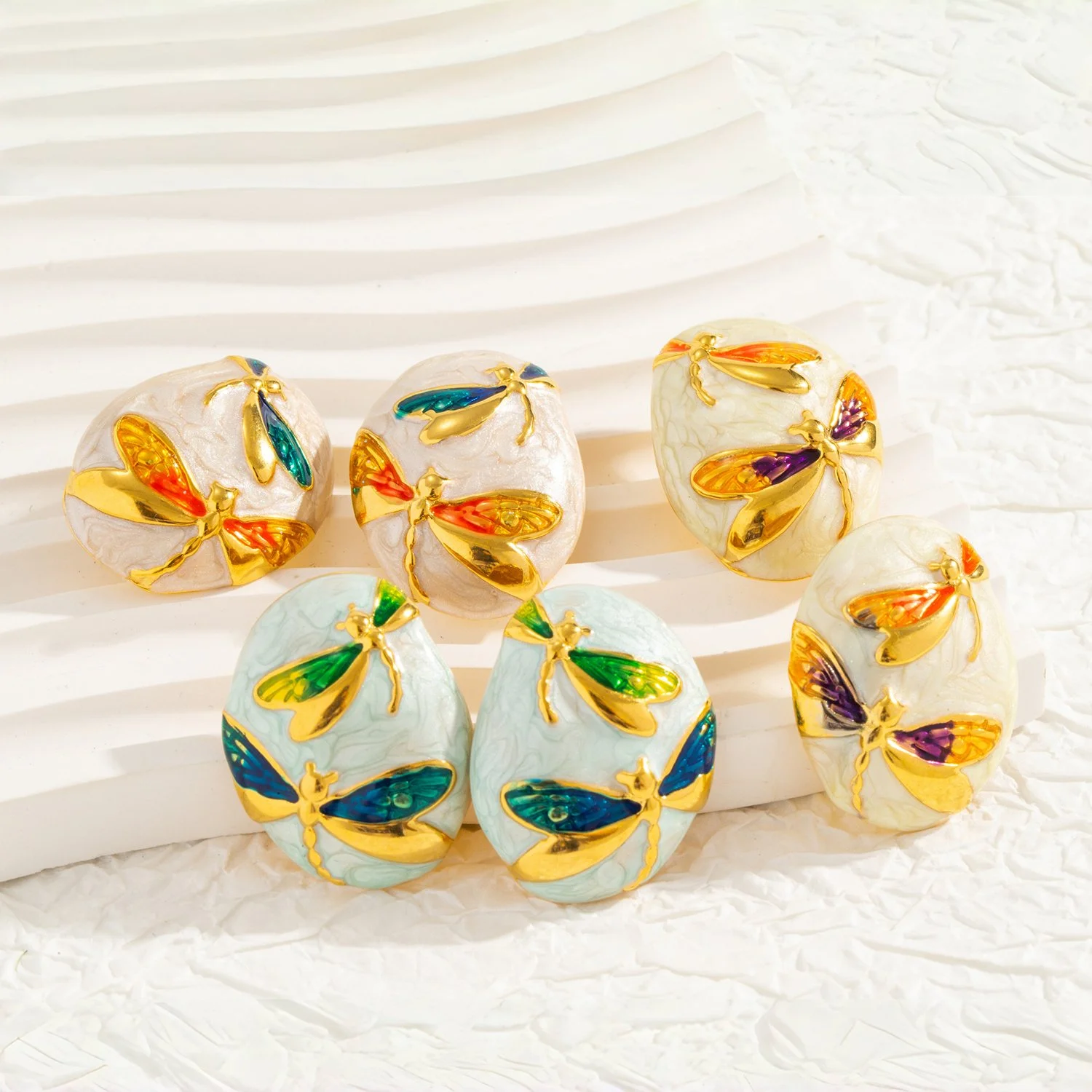 Colorful Dragonfly Gold Plated Oval Stud Earrings for Women