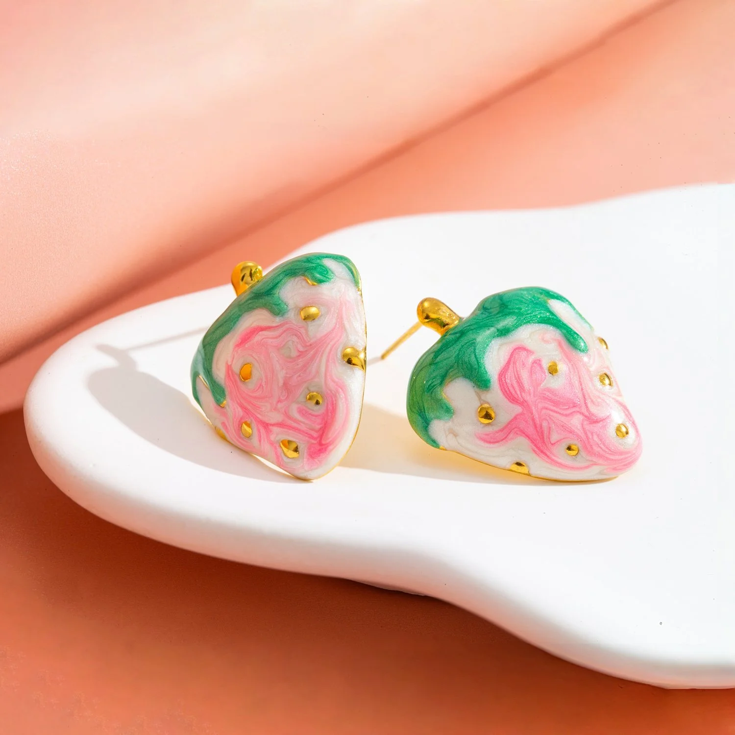 Sweet Strawberry Stud Earrings – Cute Gold Enamel Fruit Jewelry for Women