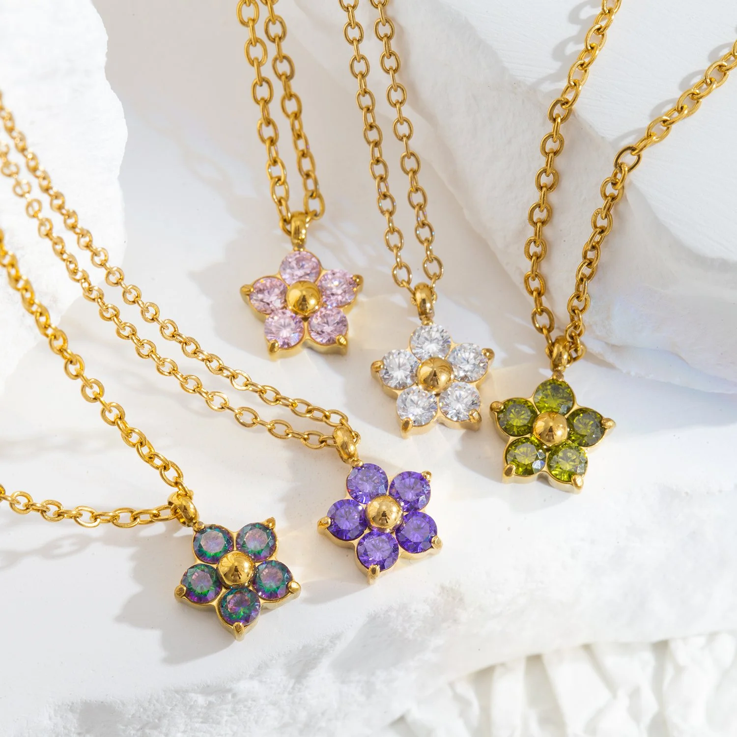 Dainty Plum Blossom CZ Pendant Necklace in 18K Gold Plated Stainless Steel