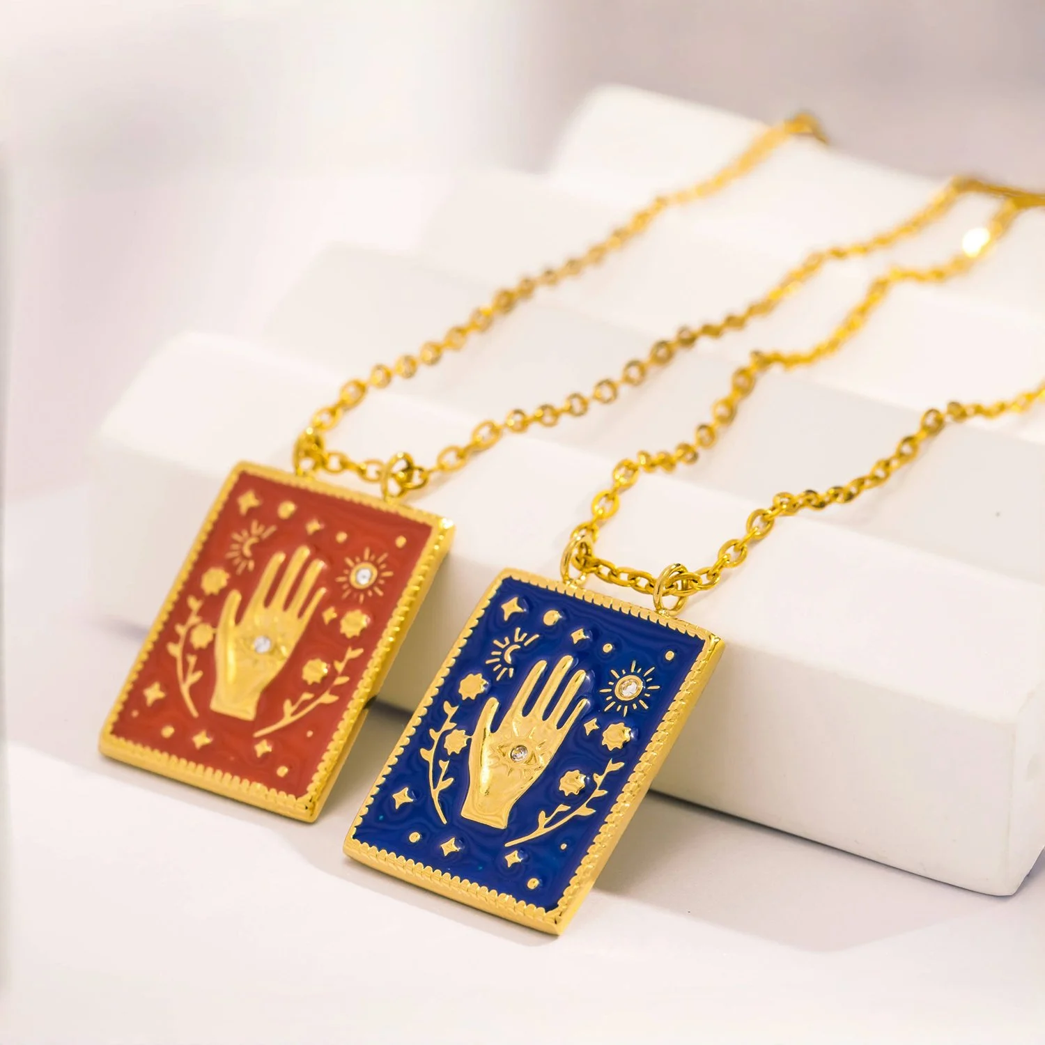 Vintage Hand of Fatima Gold-Plated Square Pendant Necklace for Women