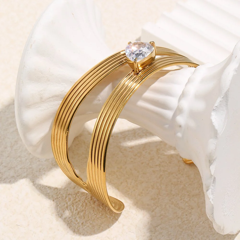 Asymmetric Stainless Steel Women's Bracelet with Sparkling Zircon and 18K Gold Plating
