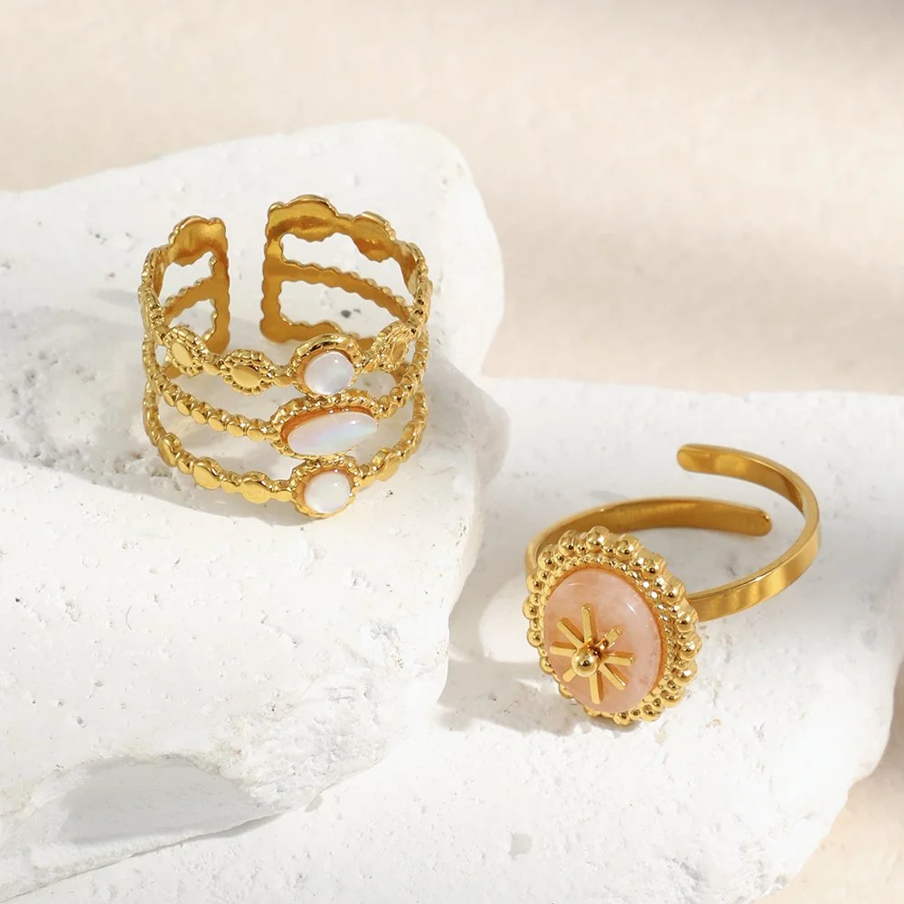 Octagonal Gold-Plated Stainless Steel Open Ring with Stone Accent