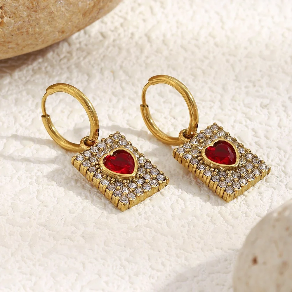 Red Heart-Shaped Zircon Pendant Stainless Steel Women's Earstuds - Gold Plated Fashion Jewelry
