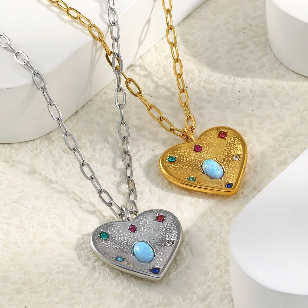 Opal Colored Zircon Heart Pendant Necklace - Waterproof Stainless Steel Gold Plated
