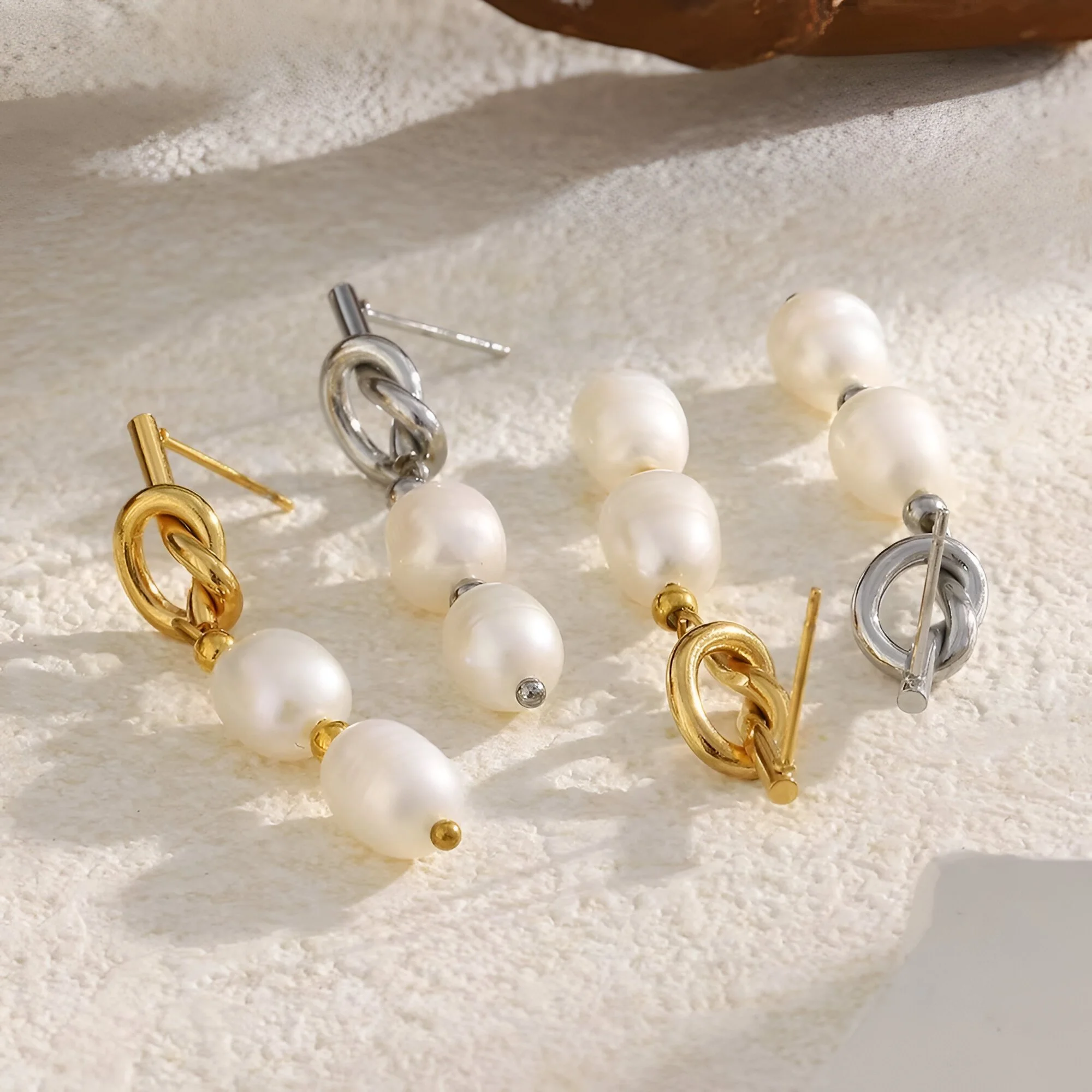 Freshwater Pearl Knotting Coil Stainless Steel Women's Earstuds - PVD Gold Plated