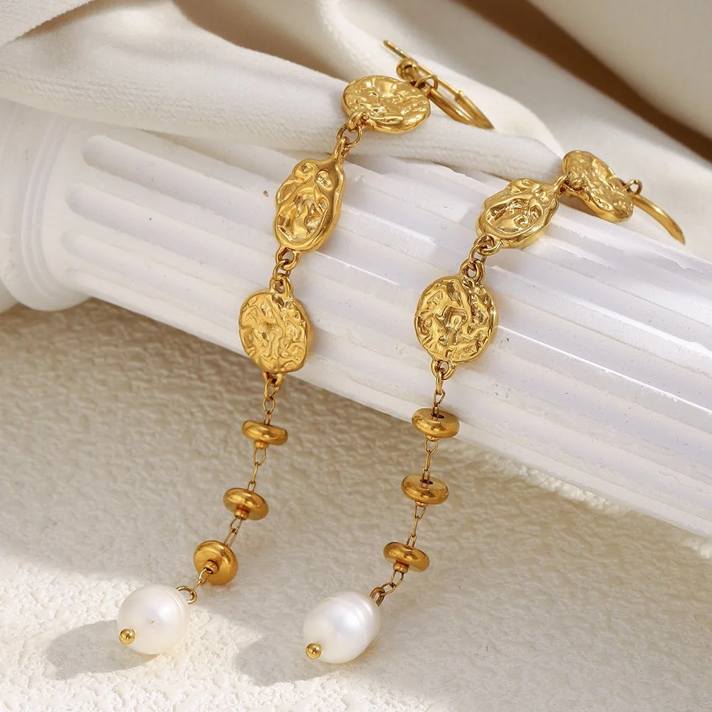 Freshwater Pearl Disc Tassel Earrings in 18K Gold Plated Stainless Steel