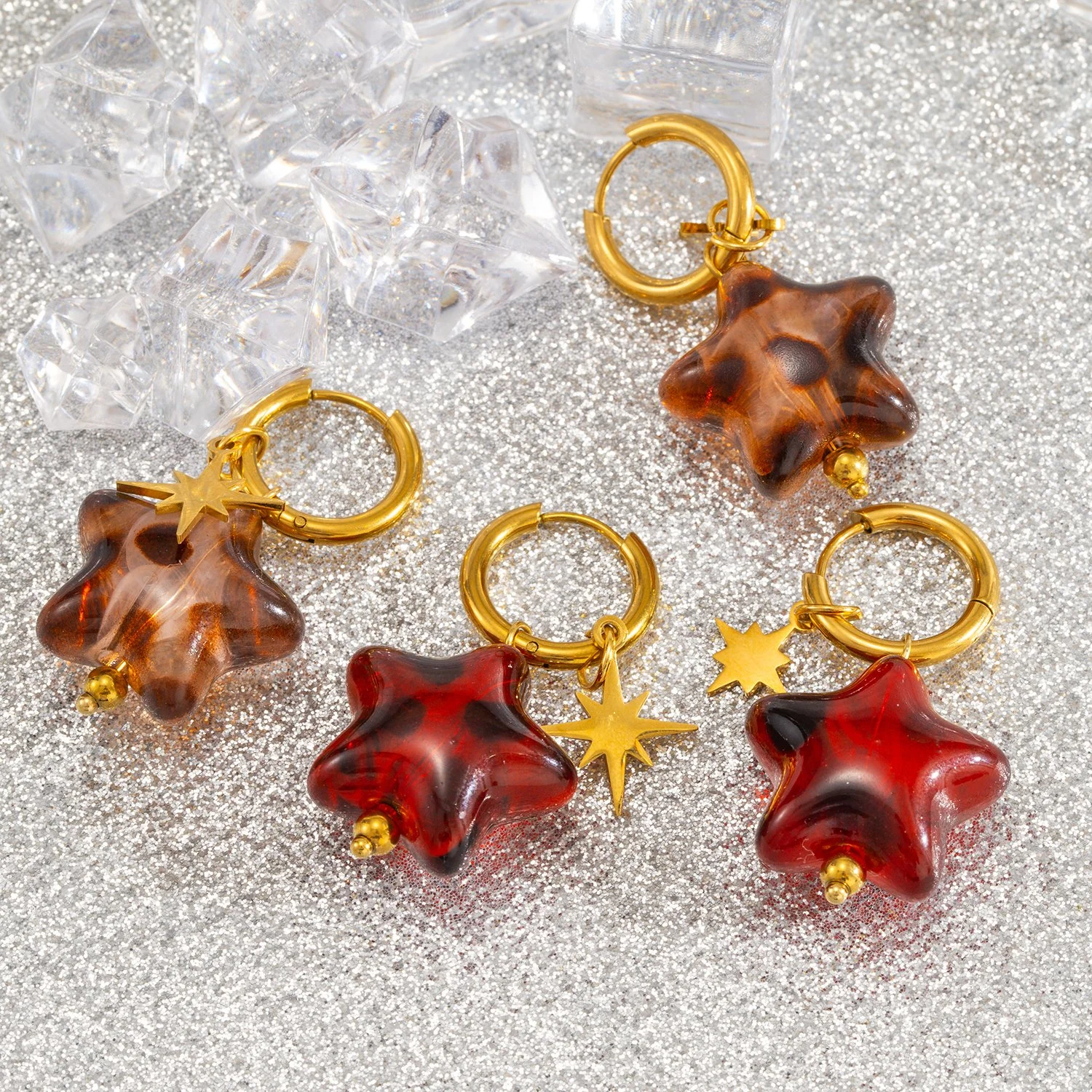 18K Gold Star Drop Earrings with Detachable Dangle Huggie Hoops