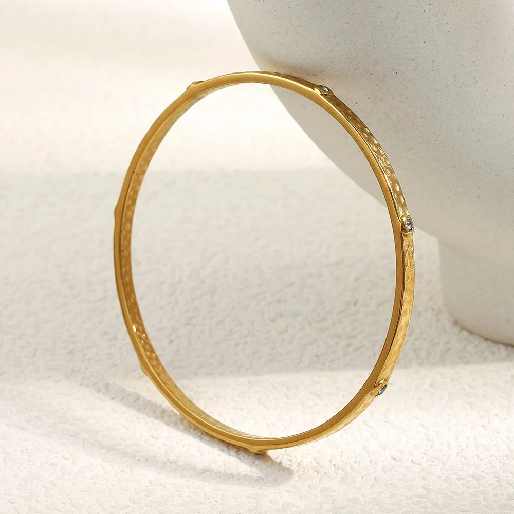 Hammered Gold-Tone Zircon Stainless Steel Bangle Bracelet