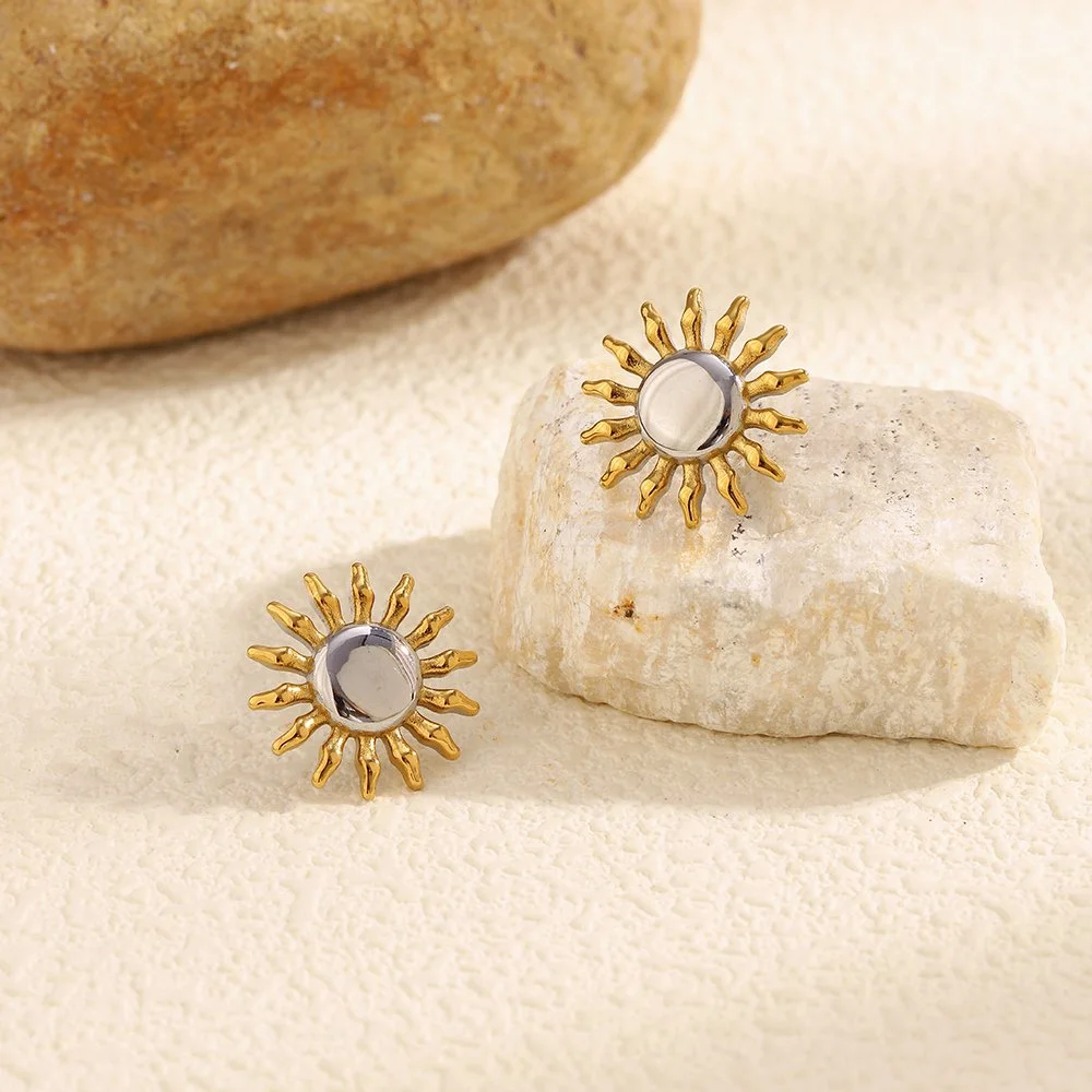 Mixed Color Sun Stud Earrings in Gold-Plated Stainless Steel
